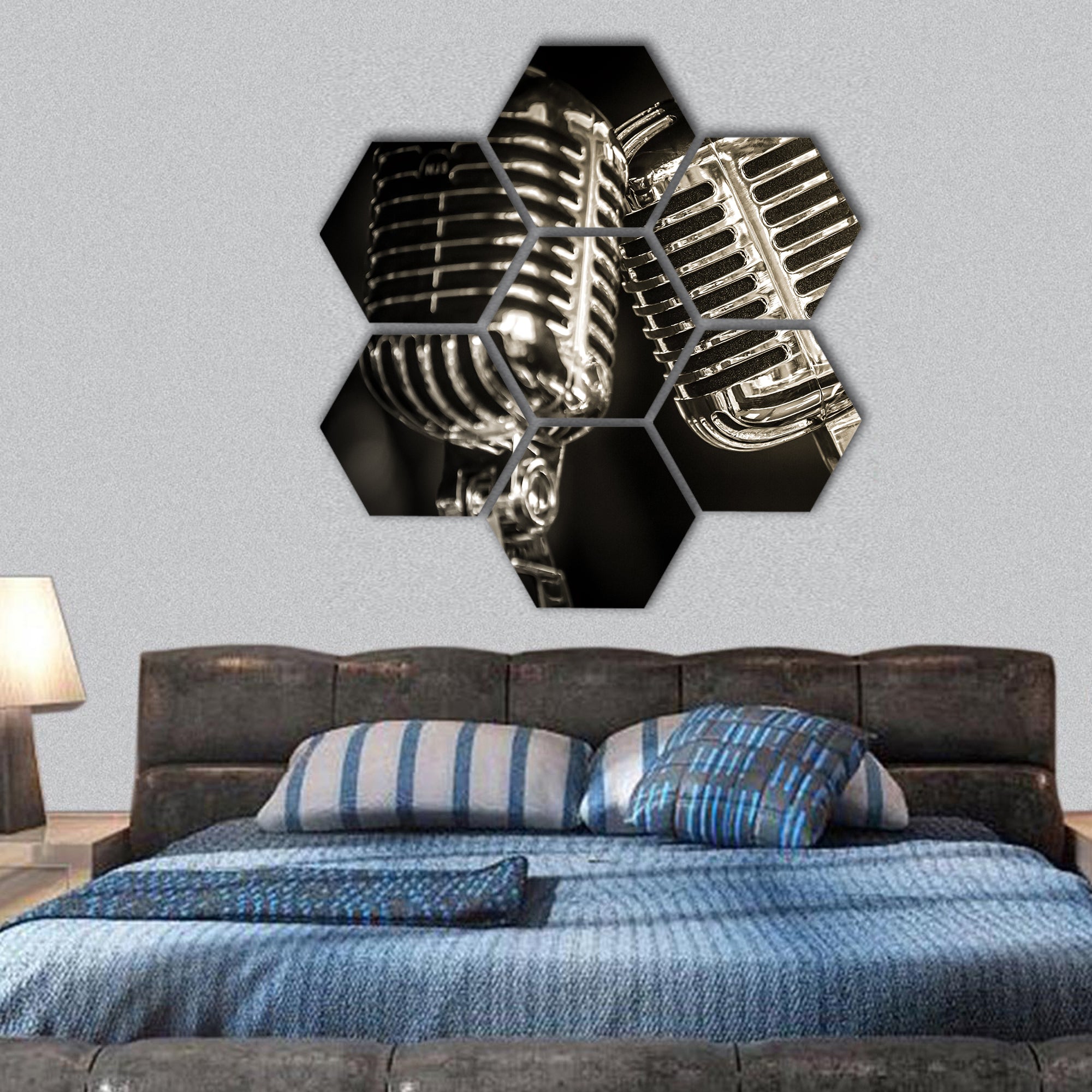 chromed retro recording studio microphones hexagonal canvas wall art