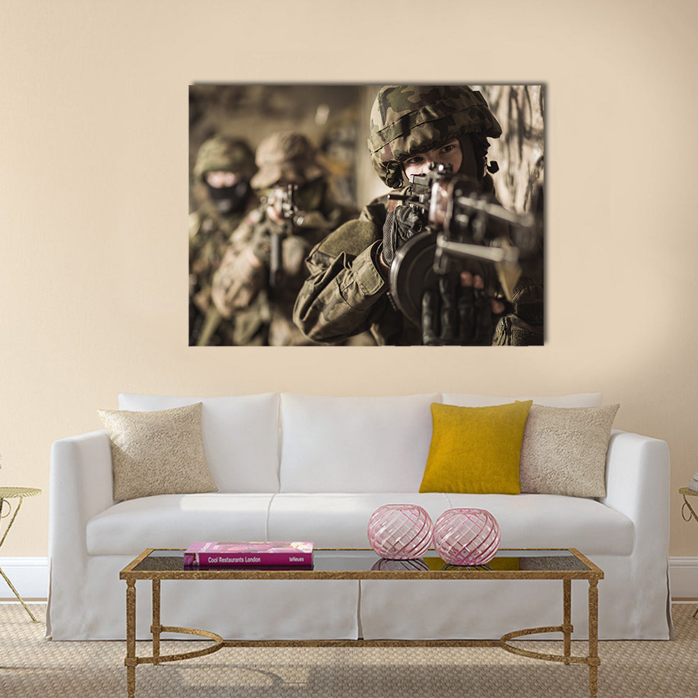 Woman with a rifle in the military Multi Panel Canvas Wall Art
