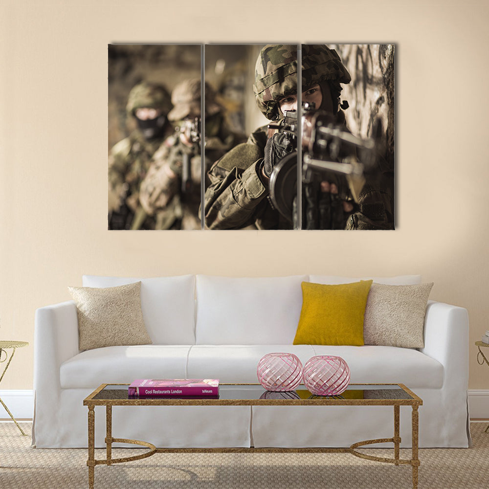 Woman with a rifle in the military Multi Panel Canvas Wall Art