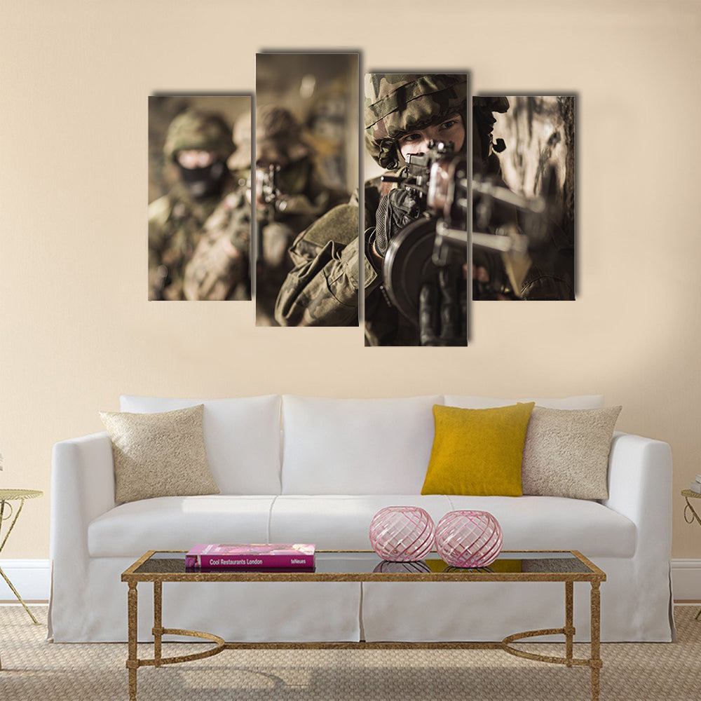 Woman with a rifle in the military Multi Panel Canvas Wall Art