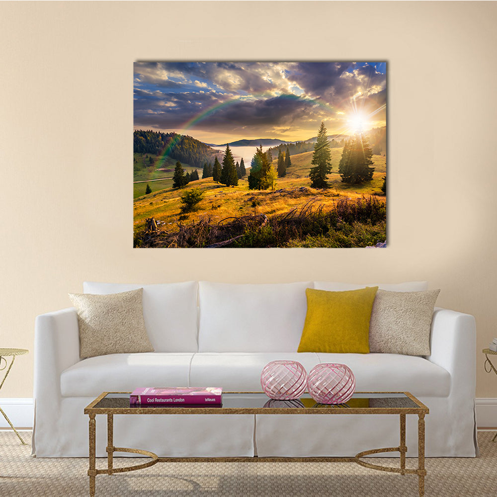 Hillside with coniferous forest among the fog on a meadow multi panel canvas wall art