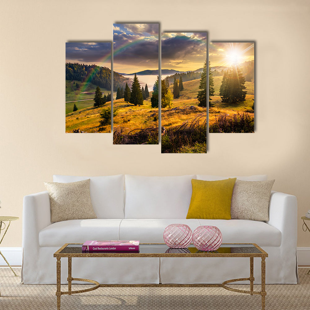 Hillside with coniferous forest among the fog on a meadow multi panel canvas wall art