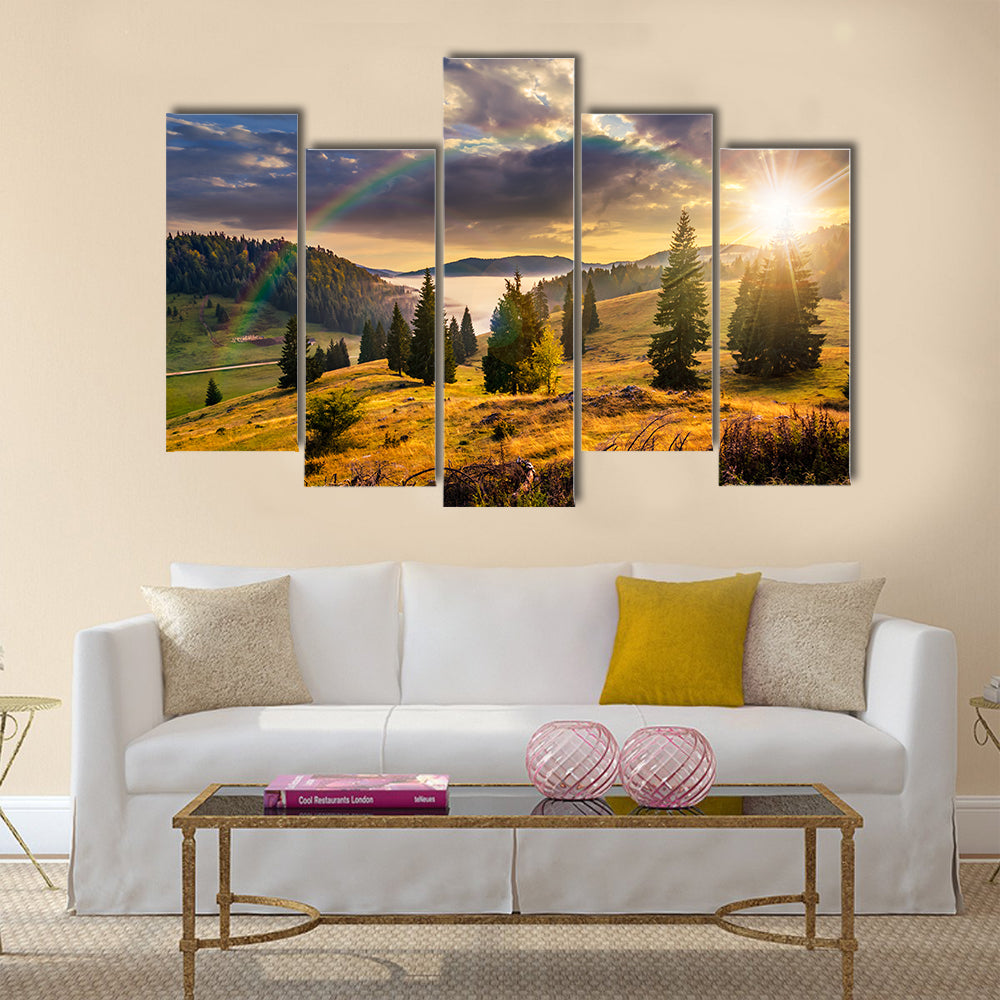 Hillside with coniferous forest among the fog on a meadow multi panel canvas wall art