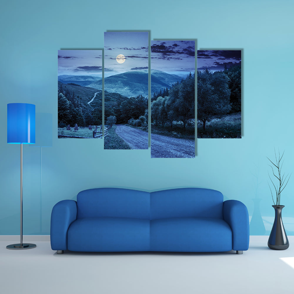 A Composite landscape, A Fence Near Road Going Down The Hill Through Meadow Multi Panel Canvas Wall Art