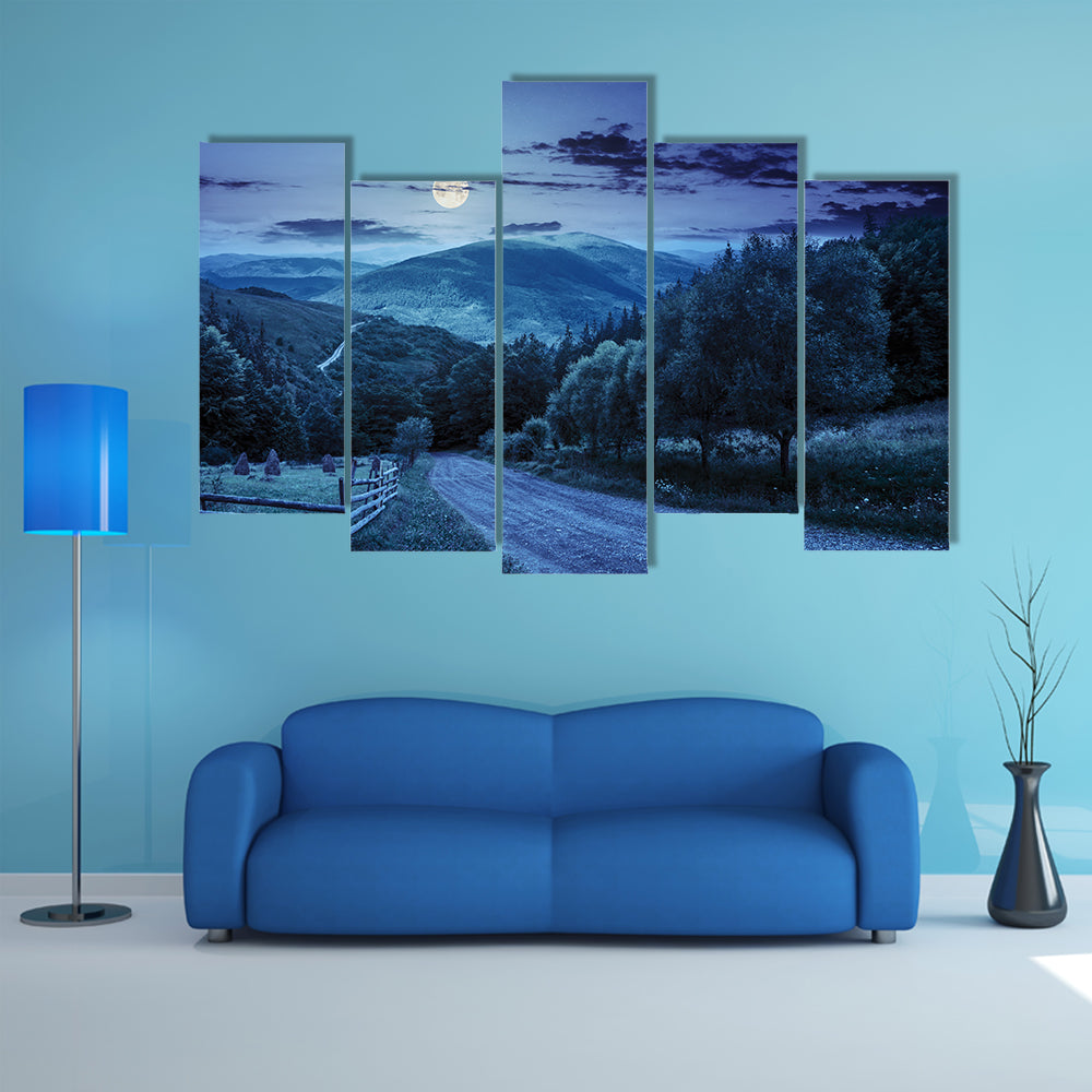 A Composite landscape, A Fence Near Road Going Down The Hill Through Meadow Multi Panel Canvas Wall Art