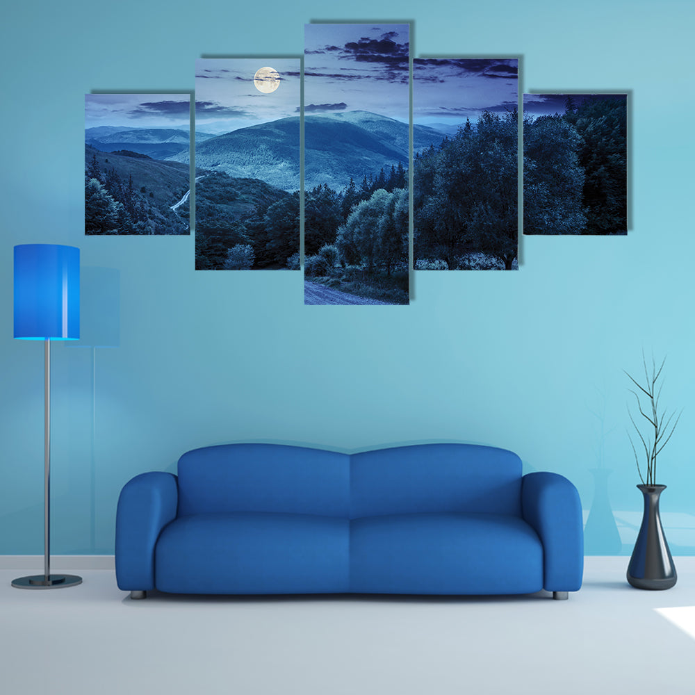 A Composite landscape, A Fence Near Road Going Down The Hill Through Meadow Multi Panel Canvas Wall Art