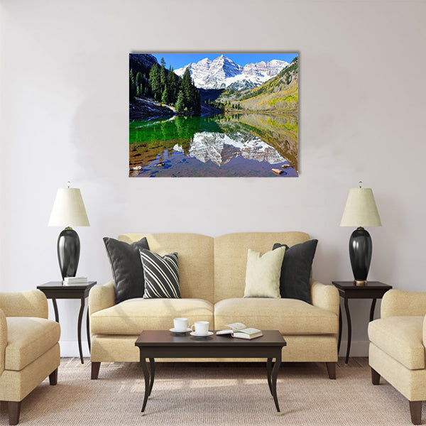 View of the Maroon Bells during foliage season with snow covered mountains Multi panel canvas wall art