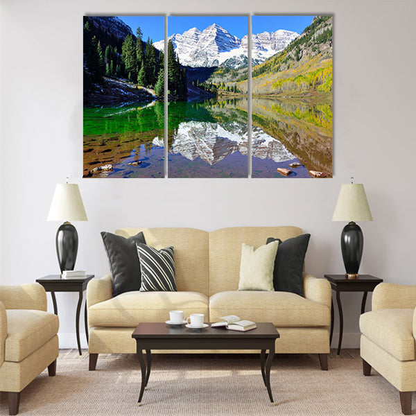View of the Maroon Bells during foliage season with snow covered mountains Multi panel canvas wall art