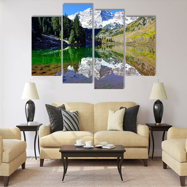 View of the Maroon Bells during foliage season with snow covered mountains Multi panel canvas wall art