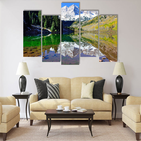 View of the Maroon Bells during foliage season with snow covered mountains Multi panel canvas wall art