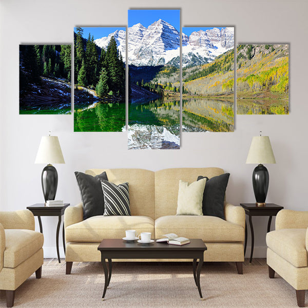 View of the Maroon Bells during foliage season with snow covered mountains Multi panel canvas wall art