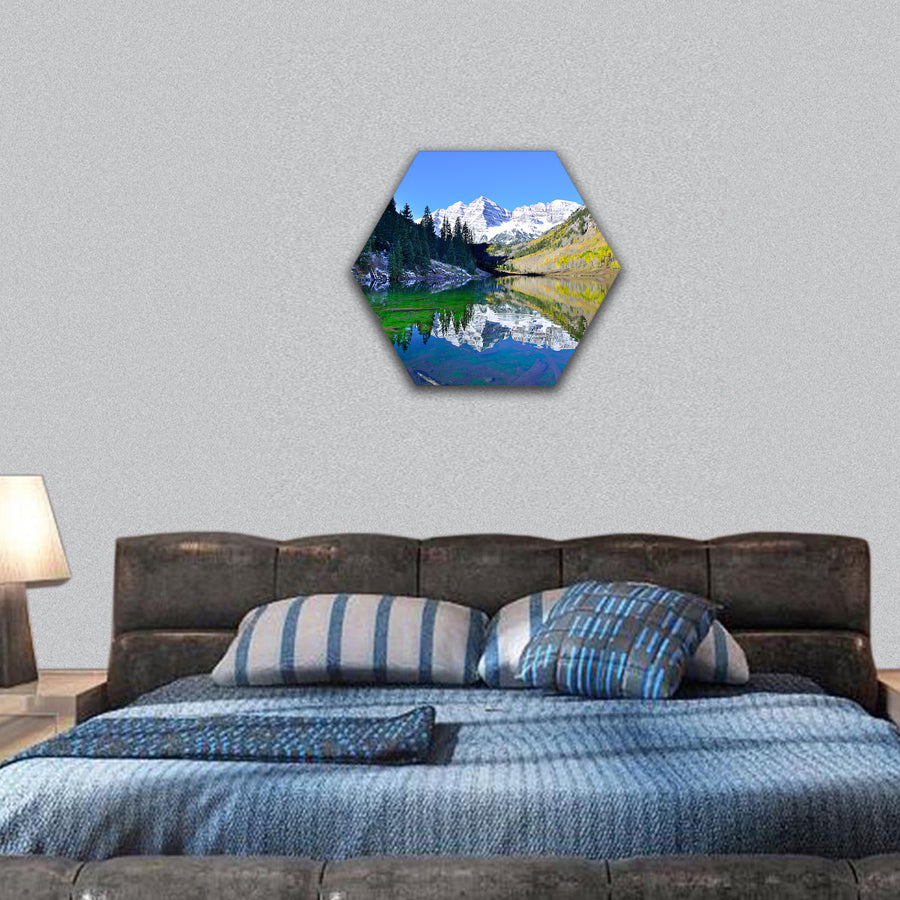 Maroon Bells during foliage season with snow covered mountains hexagonal canvas wall art