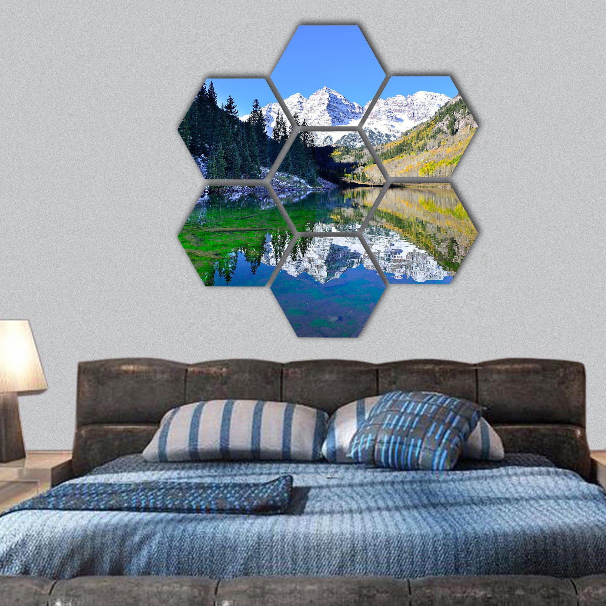 Maroon Bells during foliage season with snow covered mountains hexagonal canvas wall art