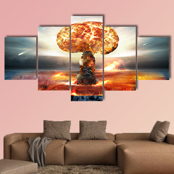 Danger of nuclear war illustration with multiple explosions multi panel canvas wall art