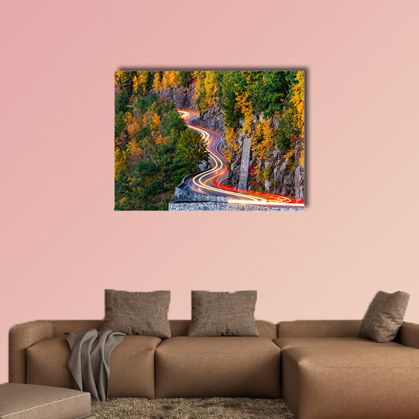 Traffic light trails on Hawk's Nest winding road route multi panel canvas wall art