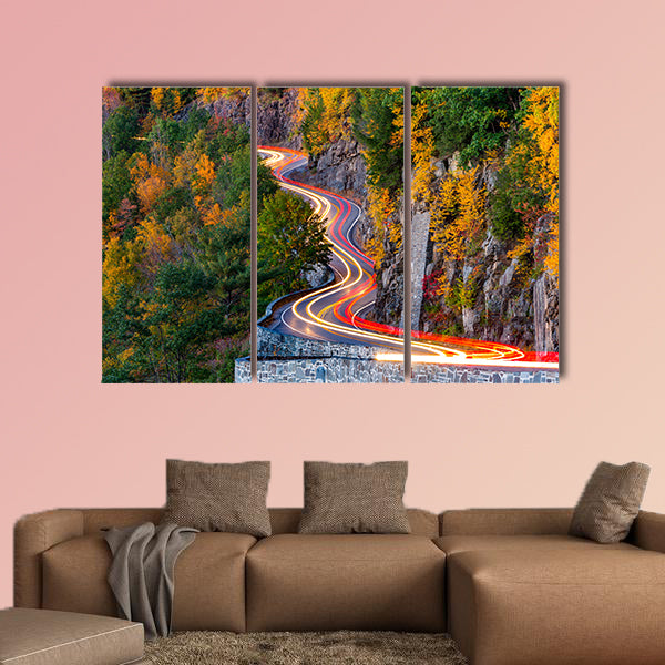 Traffic light trails on Hawk's Nest winding road route multi panel canvas wall art