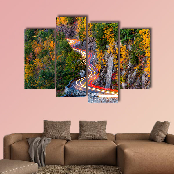 Traffic light trails on Hawk's Nest winding road route multi panel canvas wall art