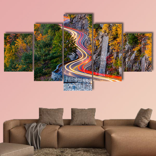 Traffic light trails on Hawk's Nest winding road route multi panel canvas wall art
