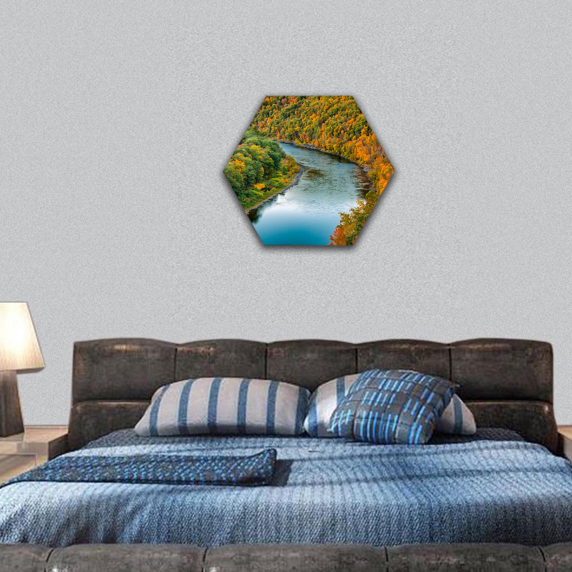 Delaware river bends through a colorful autumn forest, hexagonal canvas wall art