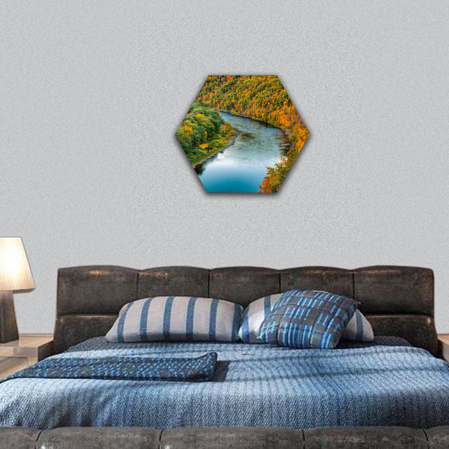 Delaware river bends through a colorful autumn forest, hexagonal canvas wall art