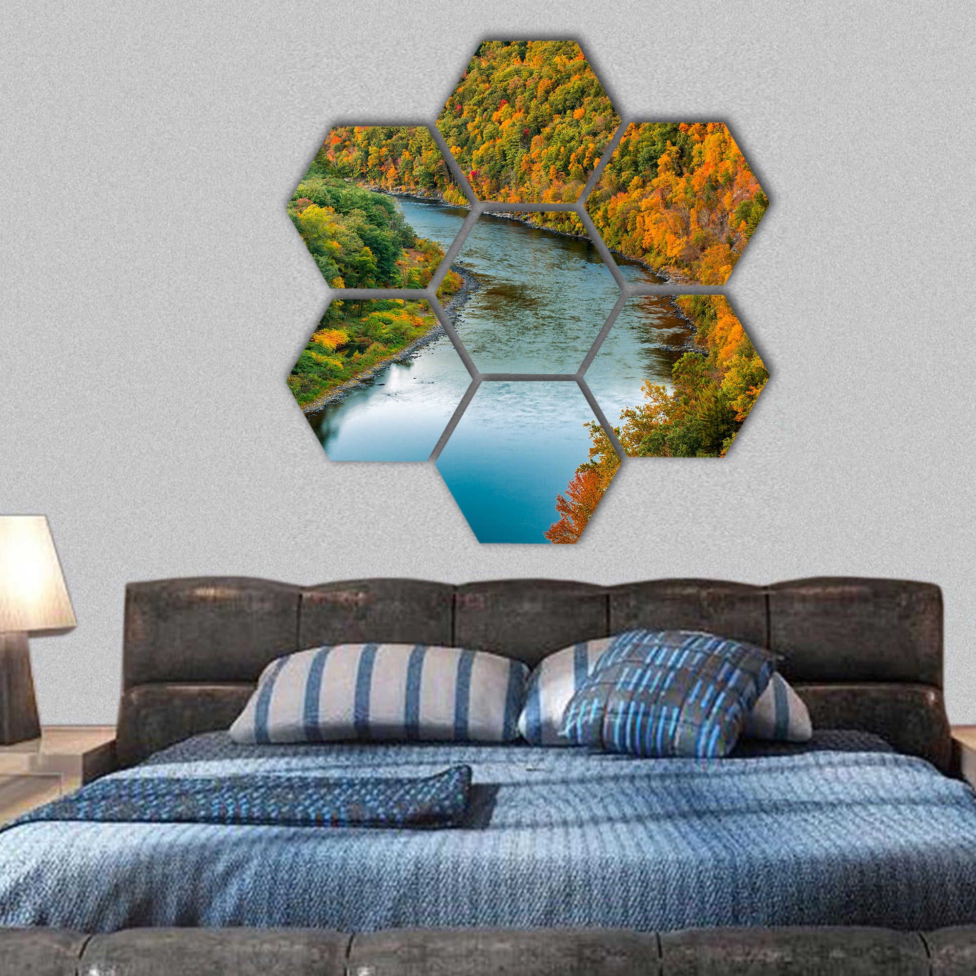Delaware river bends through a colorful autumn forest, hexagonal canvas wall art