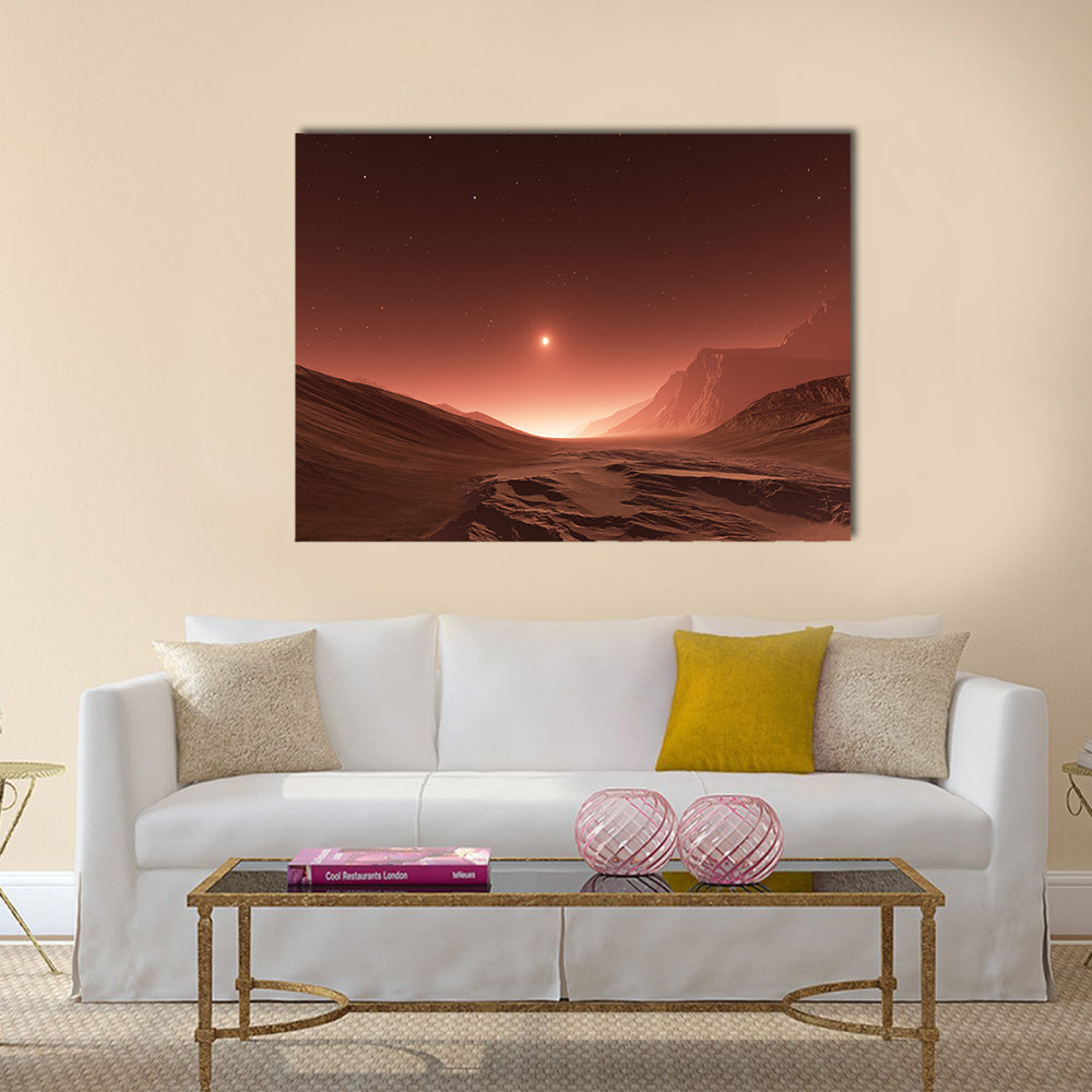 Sunset on Mars. Mars mountains, view from the valley Multi Panel Canvas Wall Art