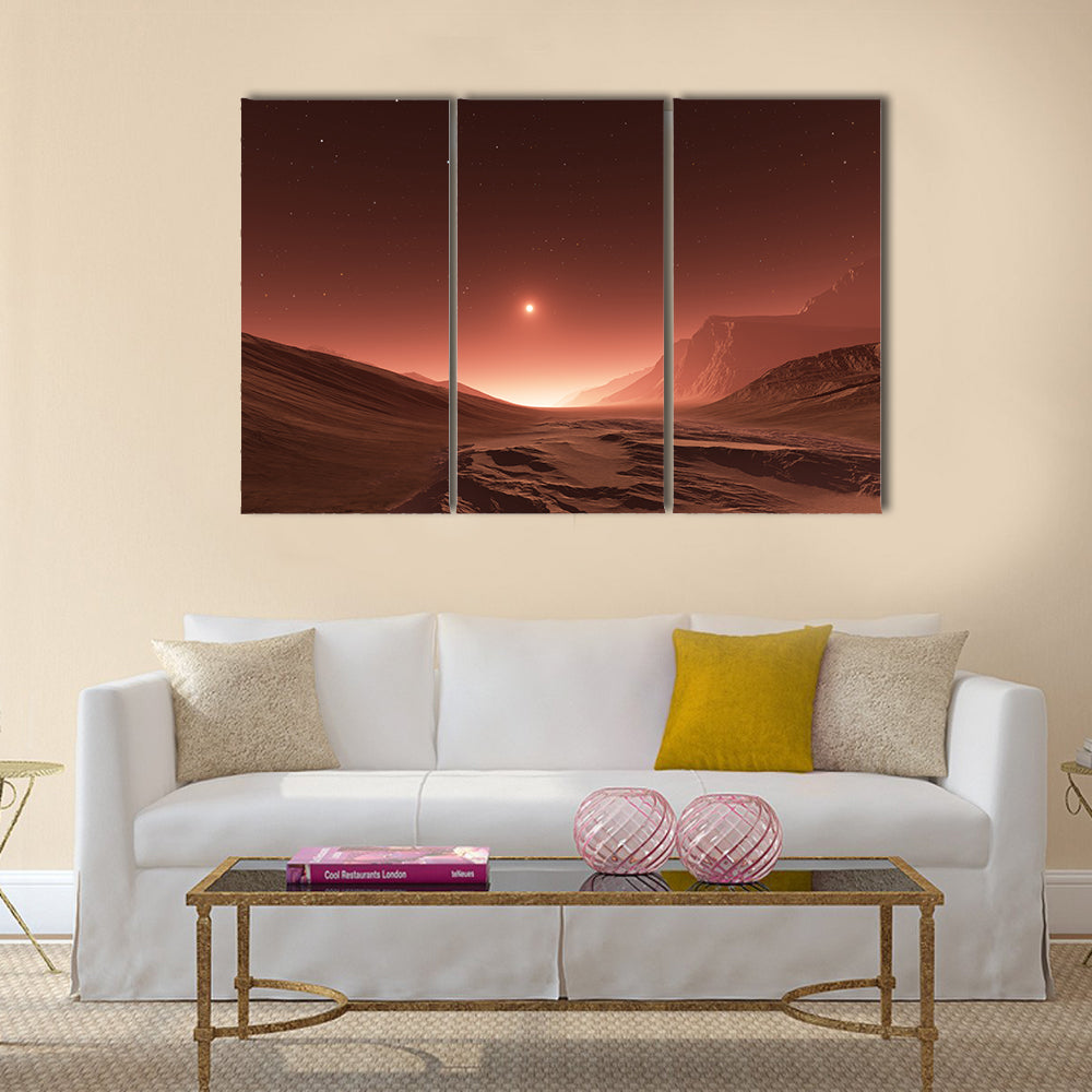 Sunset on Mars. Mars mountains, view from the valley Multi Panel Canvas Wall Art