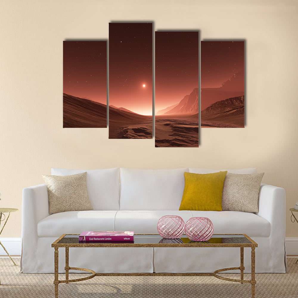 Sunset on Mars. Mars mountains, view from the valley Multi Panel Canvas Wall Art
