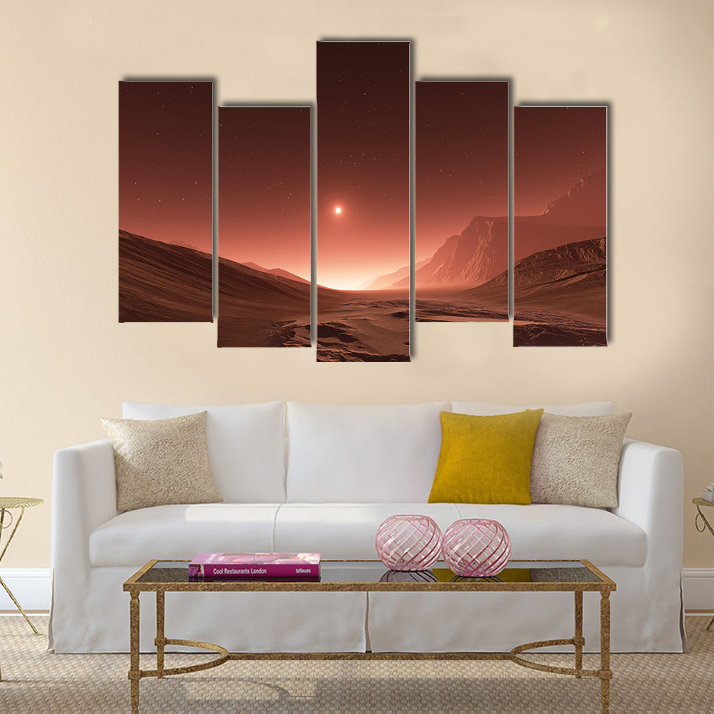 Sunset on Mars. Mars mountains, view from the valley Multi Panel Canvas Wall Art