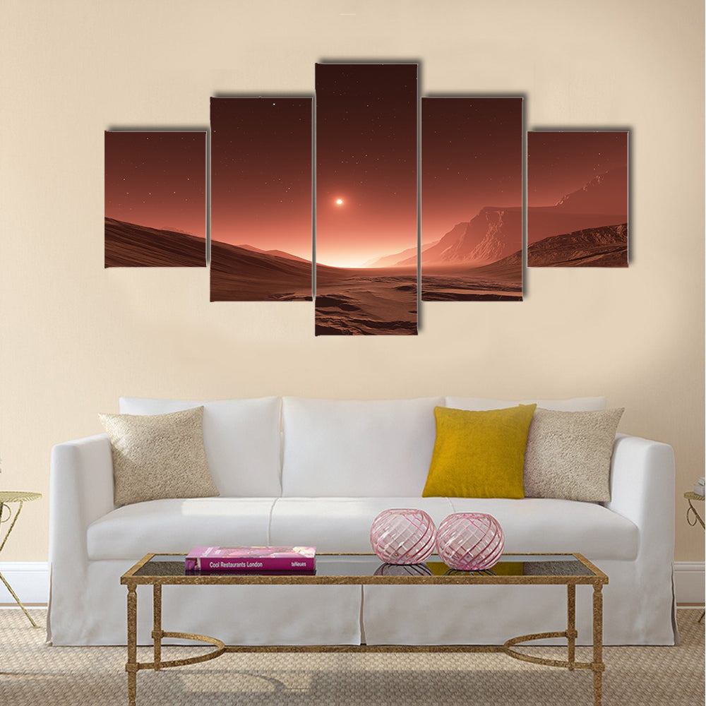Sunset on Mars. Mars mountains, view from the valley Multi Panel Canvas Wall Art