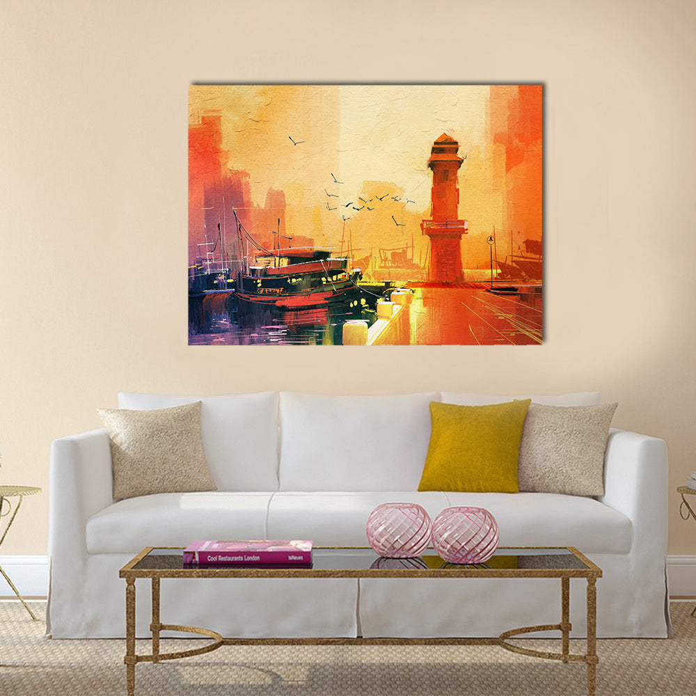 Lighthouse and fishing boat at sunset,oil painting style Multi Panel Canvas Wall Art