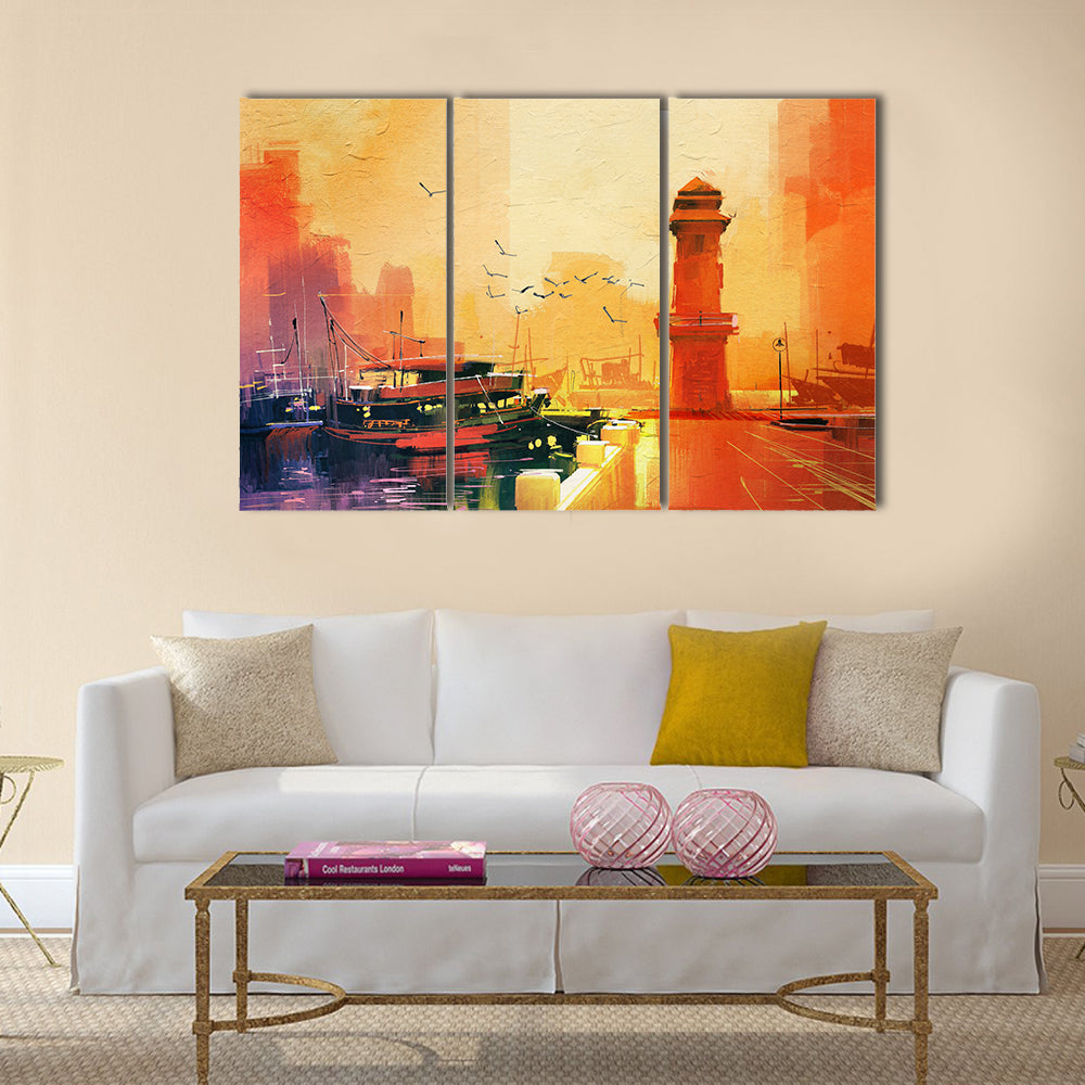 Lighthouse and fishing boat at sunset,oil painting style Multi Panel Canvas Wall Art