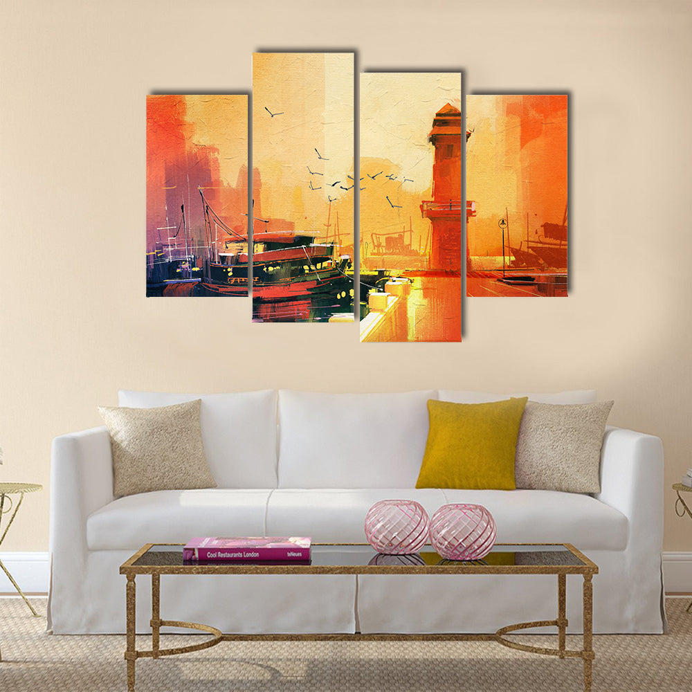 Lighthouse and fishing boat at sunset,oil painting style Multi Panel Canvas Wall Art