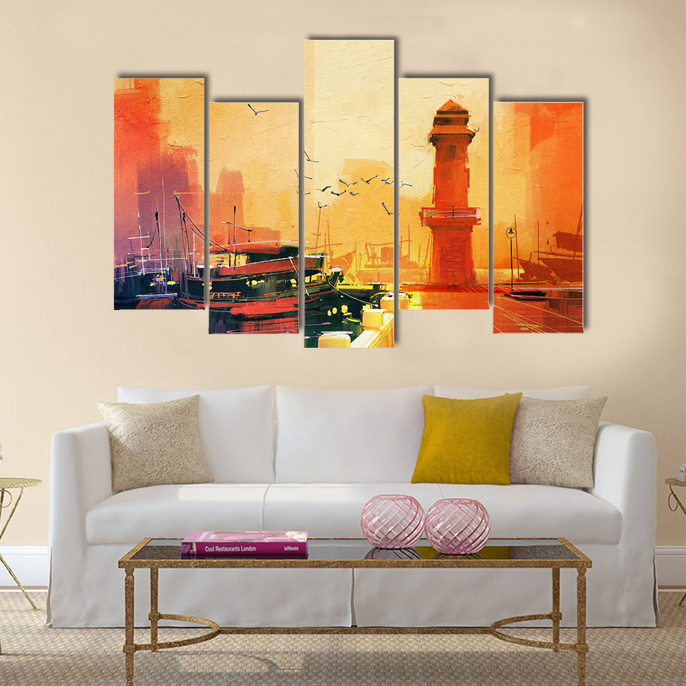 Lighthouse and fishing boat at sunset,oil painting style Multi Panel Canvas Wall Art