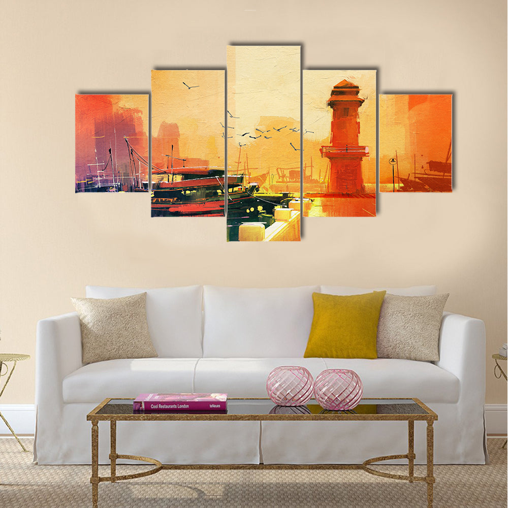 Lighthouse and fishing boat at sunset,oil painting style Multi Panel Canvas Wall Art