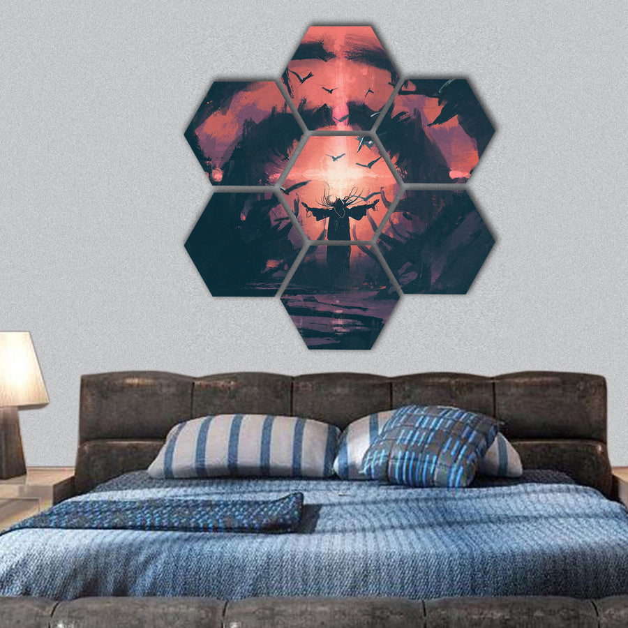 Wizard casting a spell in the wizarding lair hexagonal canvas wall art