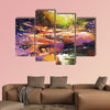 Beautiful Fall River lines with colorful stones in autumn forest, multi panel canvas wall art