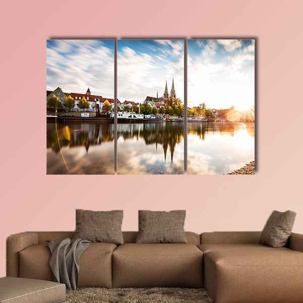 Skyline of the city Regensburg at sunset multi panel canvas wall art