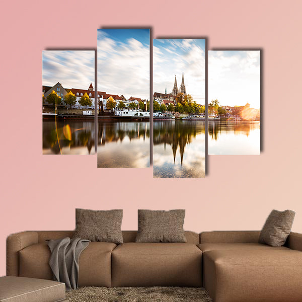 Skyline of the city Regensburg at sunset multi panel canvas wall art
