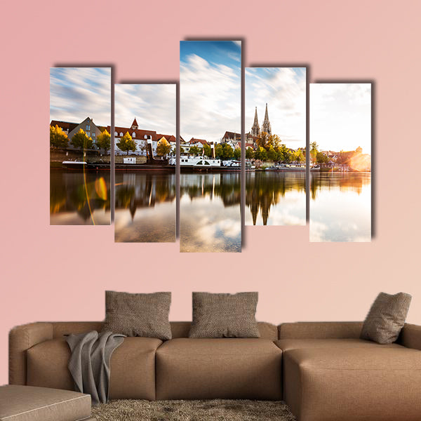 Skyline of the city Regensburg at sunset multi panel canvas wall art