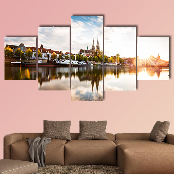 Skyline of the city Regensburg at sunset multi panel canvas wall art