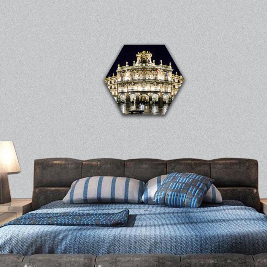 Plaza Mayor in Salamanca at night, hexagonal canvas wall art