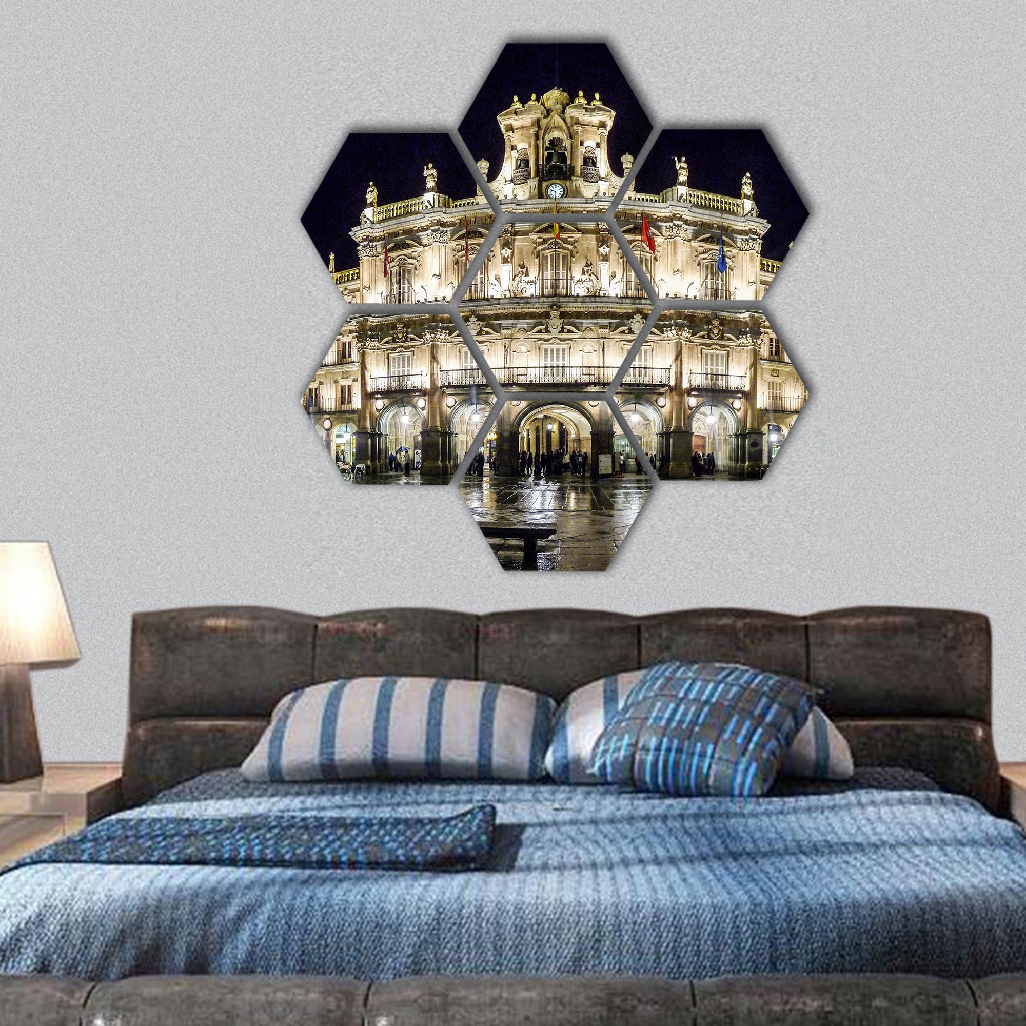 Plaza Mayor in Salamanca at night, hexagonal canvas wall art