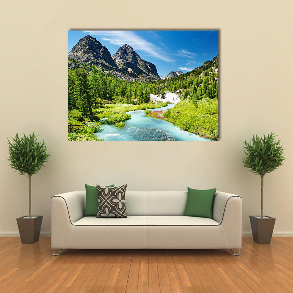 Mountain landscape with river and forest multi panel canvas wall art