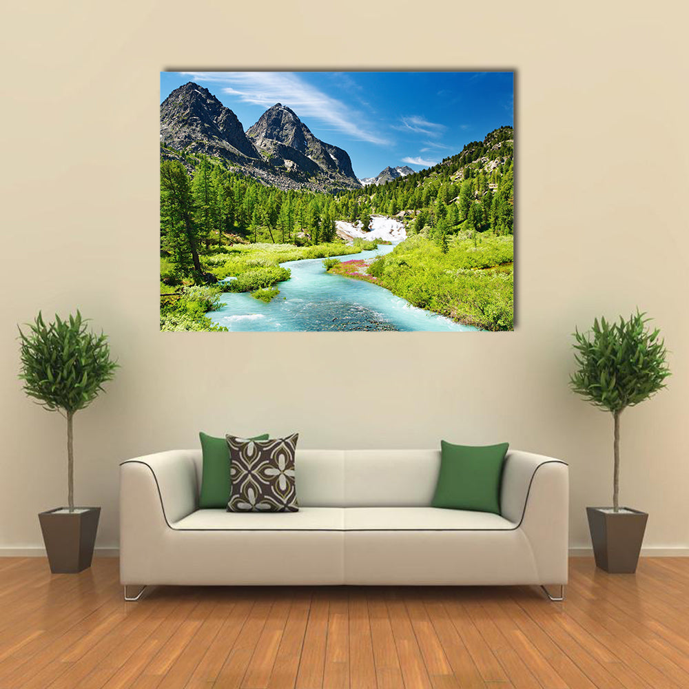 Mountain landscape with river and forest multi panel canvas wall art