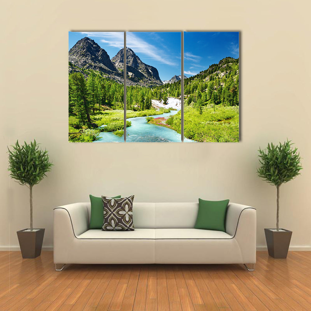 Mountain landscape with river and forest multi panel canvas wall art