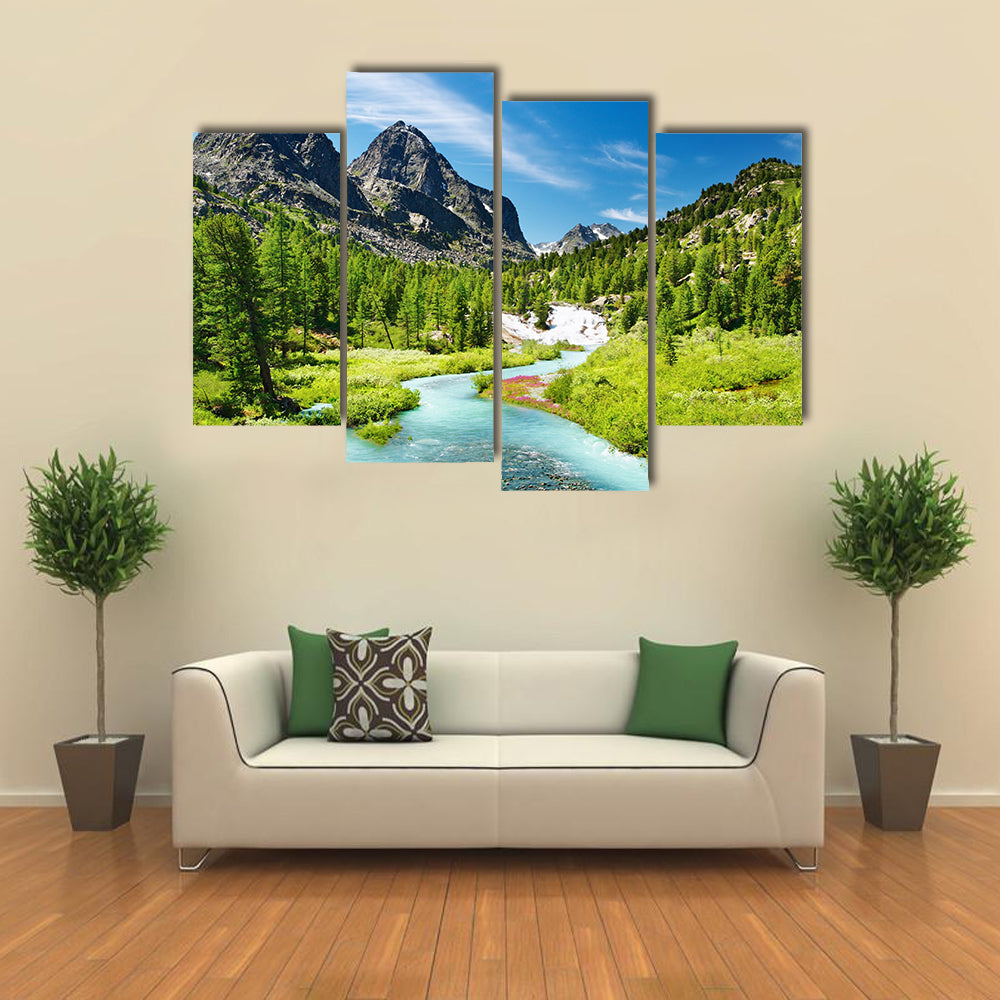 Mountain landscape with river and forest multi panel canvas wall art