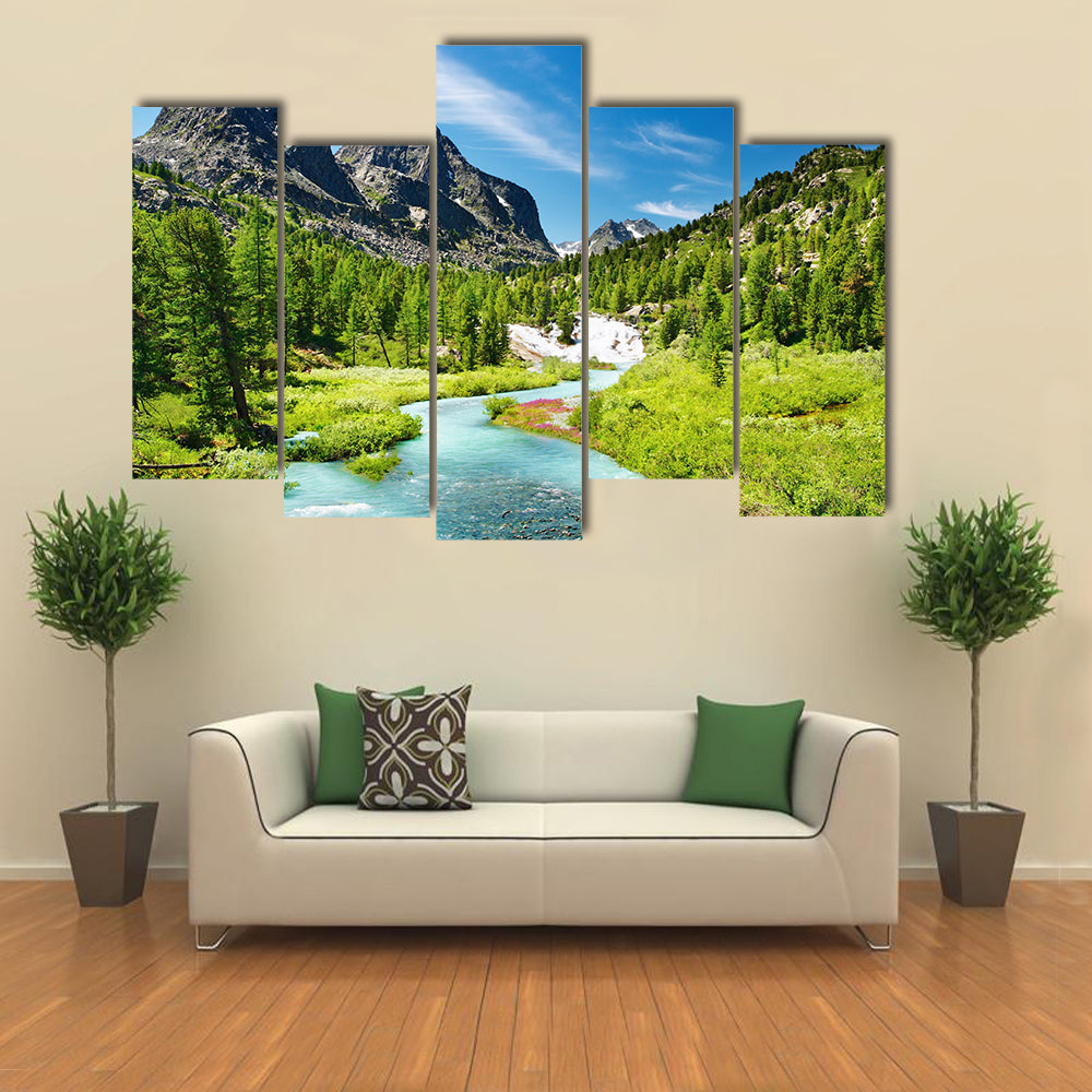 Mountain landscape with river and forest multi panel canvas wall art