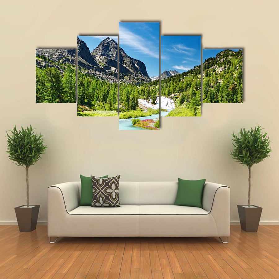 Mountain landscape with river and forest multi panel canvas wall art