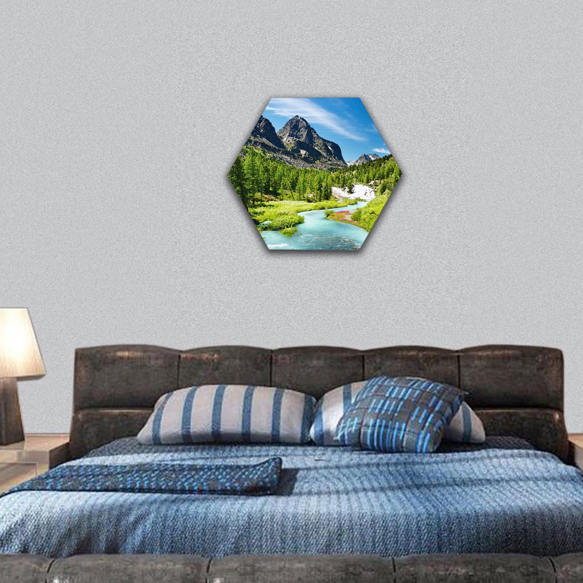 Mountain landscape with river and forest hexagonal canvas wall art